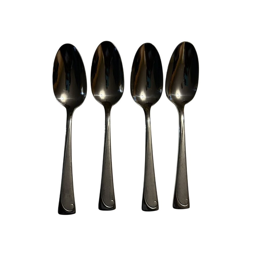 4 Oneida SCRIPT Frosted w/ Glossy Swirl Stainless Vietnam Flatware SOUP SPOONS